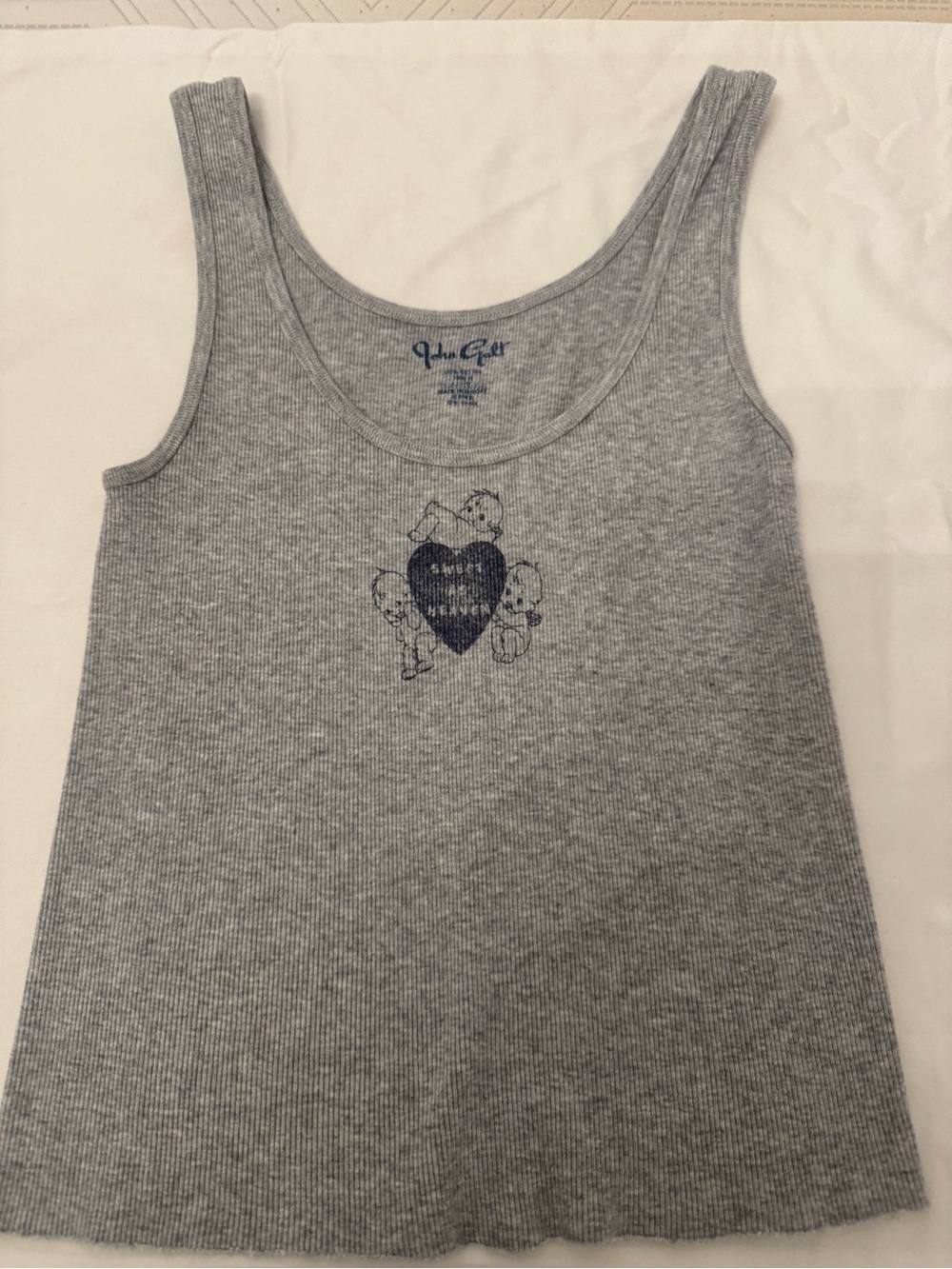 Brandy Melville Gray Ribbed Tank with Navy Heart & Bear Graphic